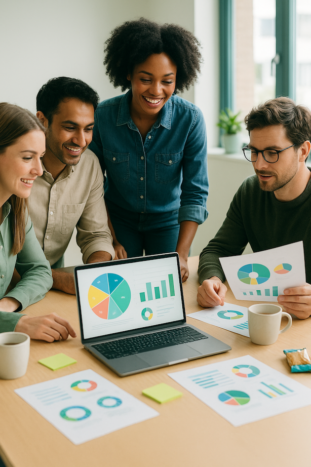 Team consumer insights e marketing che analizza grafici e insight